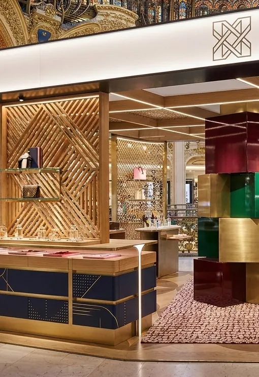 Stand luxe en grand magasin - mobilier doré et bois imprimés
