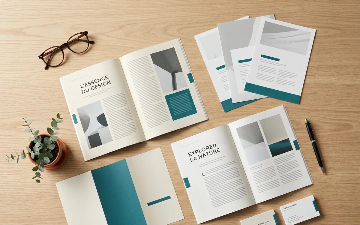 Mise en scène de brochures, dépliants et flyers d'impression commerciale