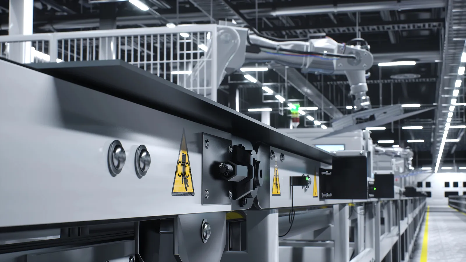 Ligne de production industrielle avec étiquettes de sécurité et marquages techniques