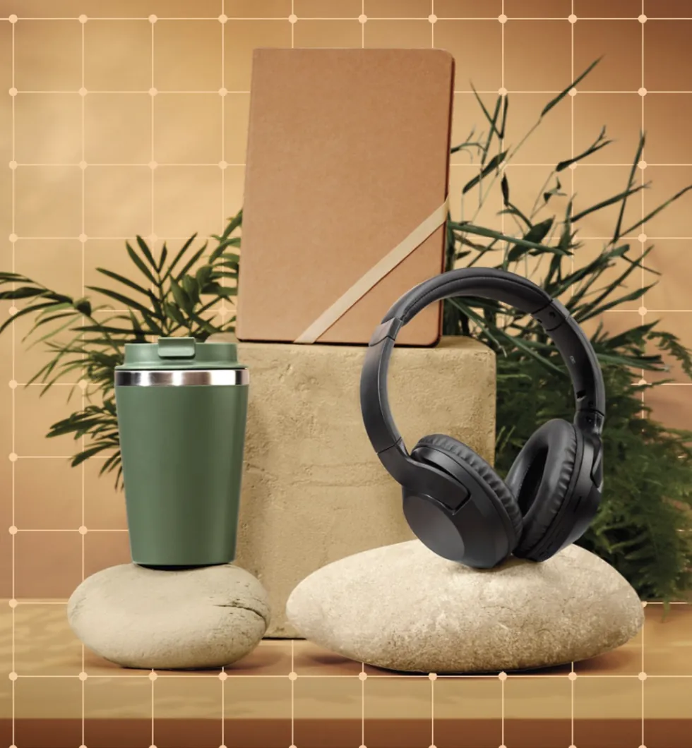 Objets publicitaires personnalisés - mug, carnet, casque audio