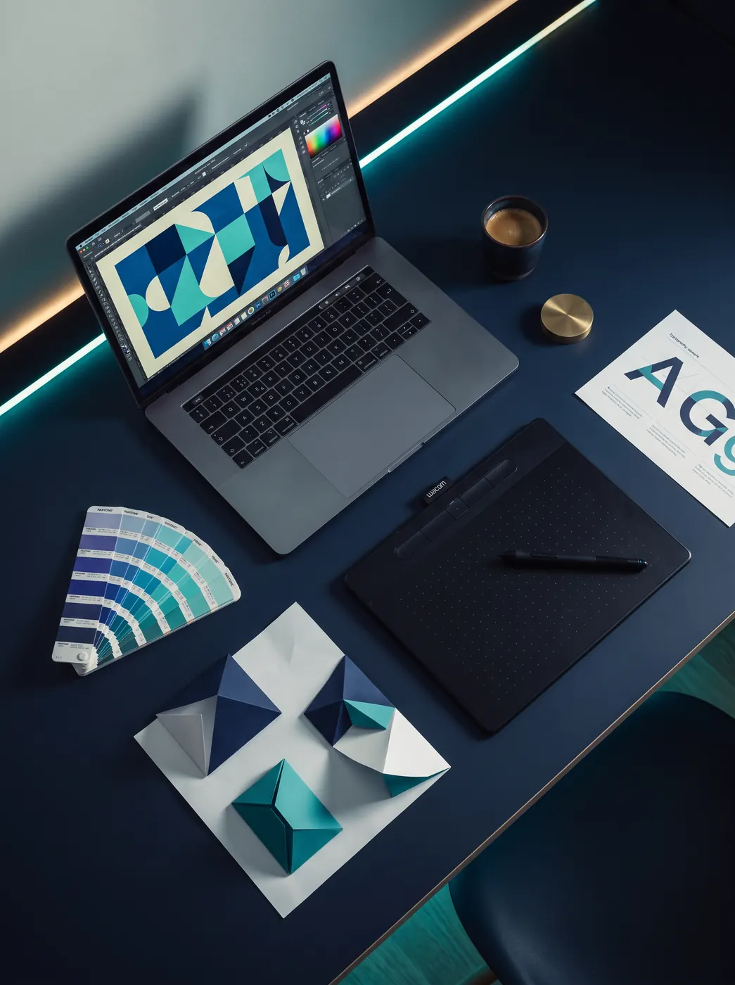 Studio de création graphique — bureau avec nuanciers, tablette, mockups et typographie